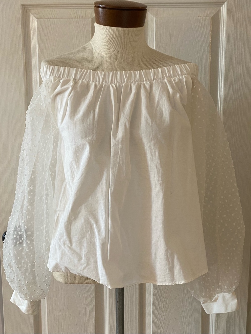 White Cotton Off the Shoulder Blouse with Polka Dot Sheer Sleeves Size Small